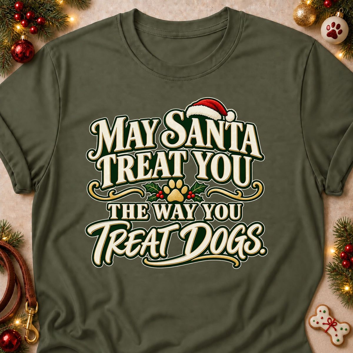 The Way You Treat Dogs dog mom T-shirt in Military Green, laid flat. [bb c=military-green r=flat]