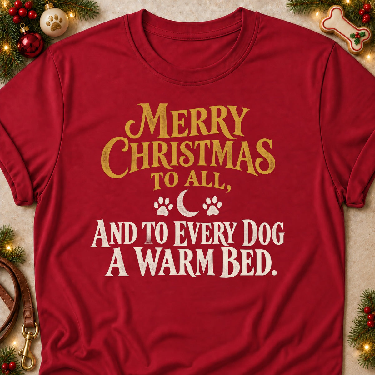 A Warm Bed For Every Dog dog mom T-shirt in Cardinal Red, laid flat. [bb c=cardinal-red r=flat]