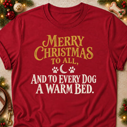 A Warm Bed For Every Dog dog mom T-shirt in Cardinal Red, laid flat. [bb c=cardinal-red r=flat]