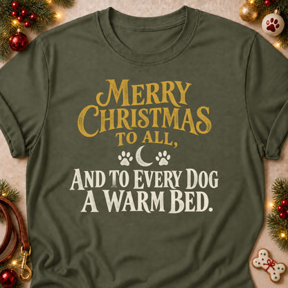 A Warm Bed For Every Dog dog mom T-shirt in Military Green, laid flat. [bb c=military-green r=flat]