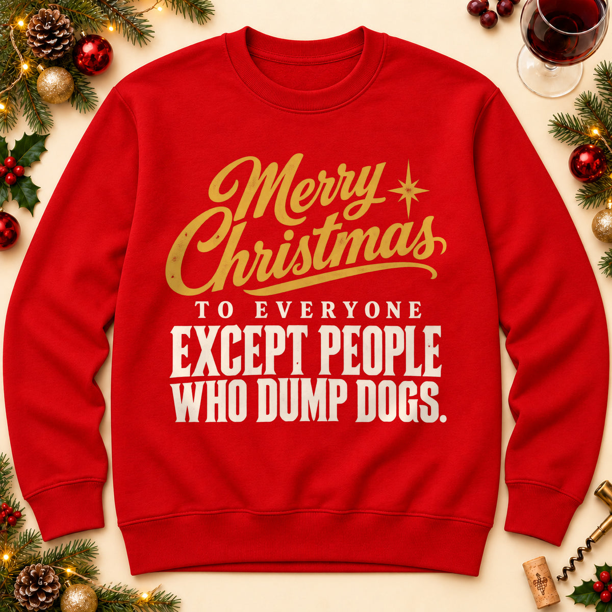 Merry Christmas Except People Who Dump Dogs sweatshirt in Red, laid flat. [bb c=red r=flat]