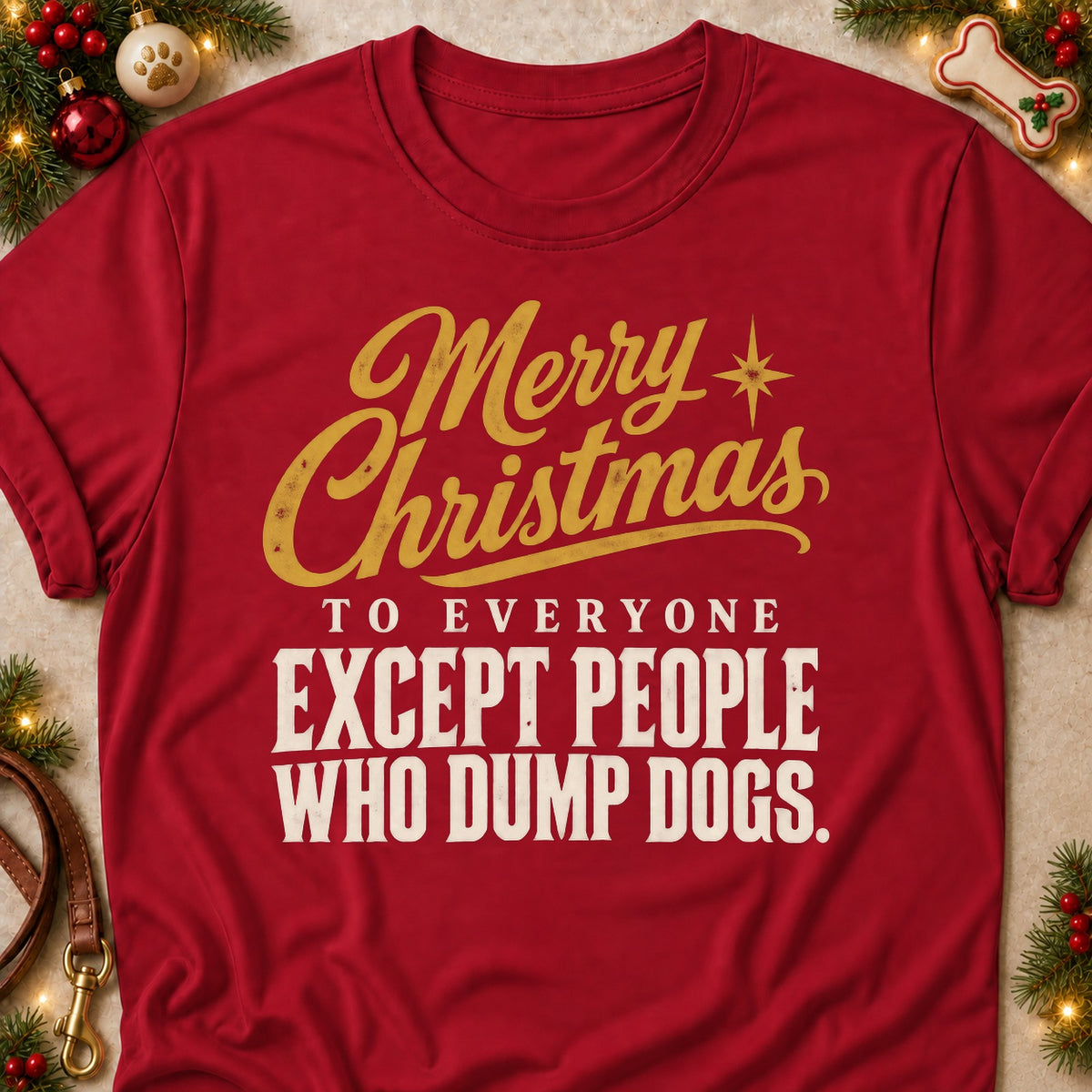 Except People Who Dump Dogs dog mom T-shirt in Cardinal Red, laid flat. [bb c=cardinal-red r=flat]