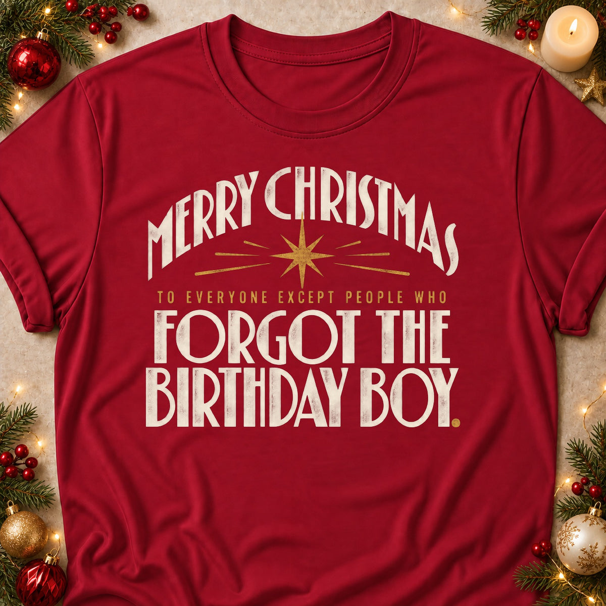 Forgot The Birthday Boy faith T-shirt in Cardinal Red, laid flat. [bb c=cardinal-red r=flat]