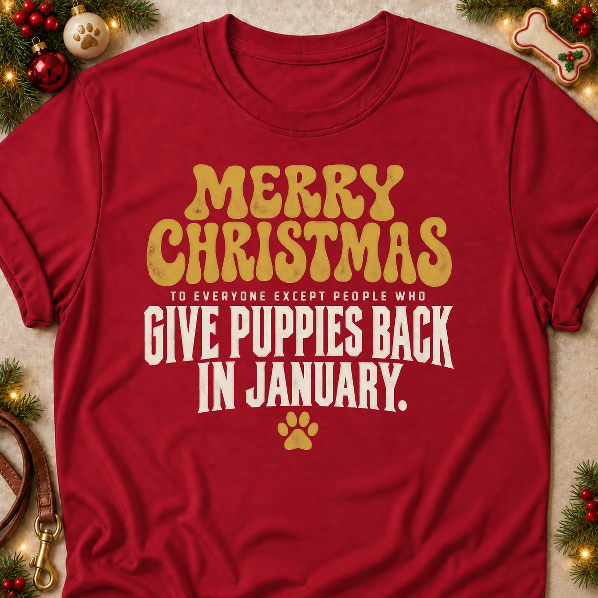 Except People Who Give Puppies Back dog mom T-shirt in Cardinal Red, laid flat. [bb c=cardinal-red r=flat]