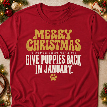 Except People Who Give Puppies Back dog mom T-shirt in Cardinal Red, laid flat. [bb c=cardinal-red r=flat]