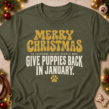 Except People Who Give Puppies Back dog mom T-shirt in Military Green, laid flat. [bb c=military-green r=flat]