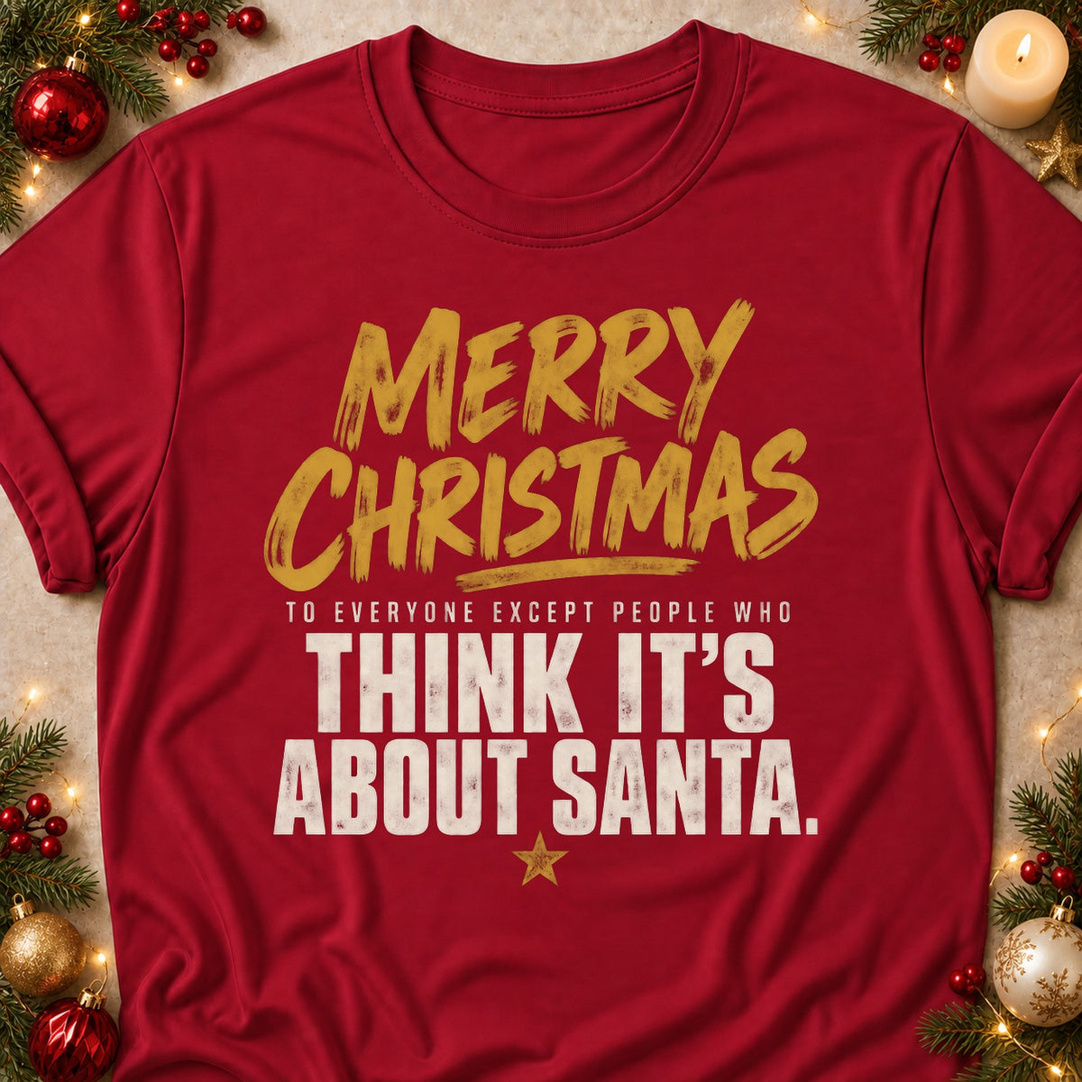 Except People Who Think It's About Santa faith T-shirt in Cardinal Red, laid flat. [bb c=cardinal-red r=flat]
