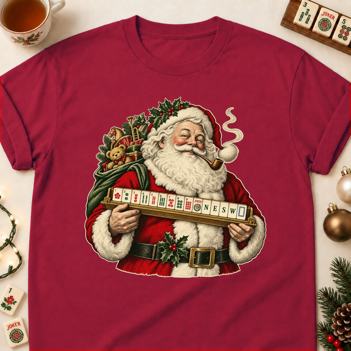 Merry Old Santa mahjong T-shirt in Cardinal Red, laid flat. [bb c=cardinal-red r=flat]
