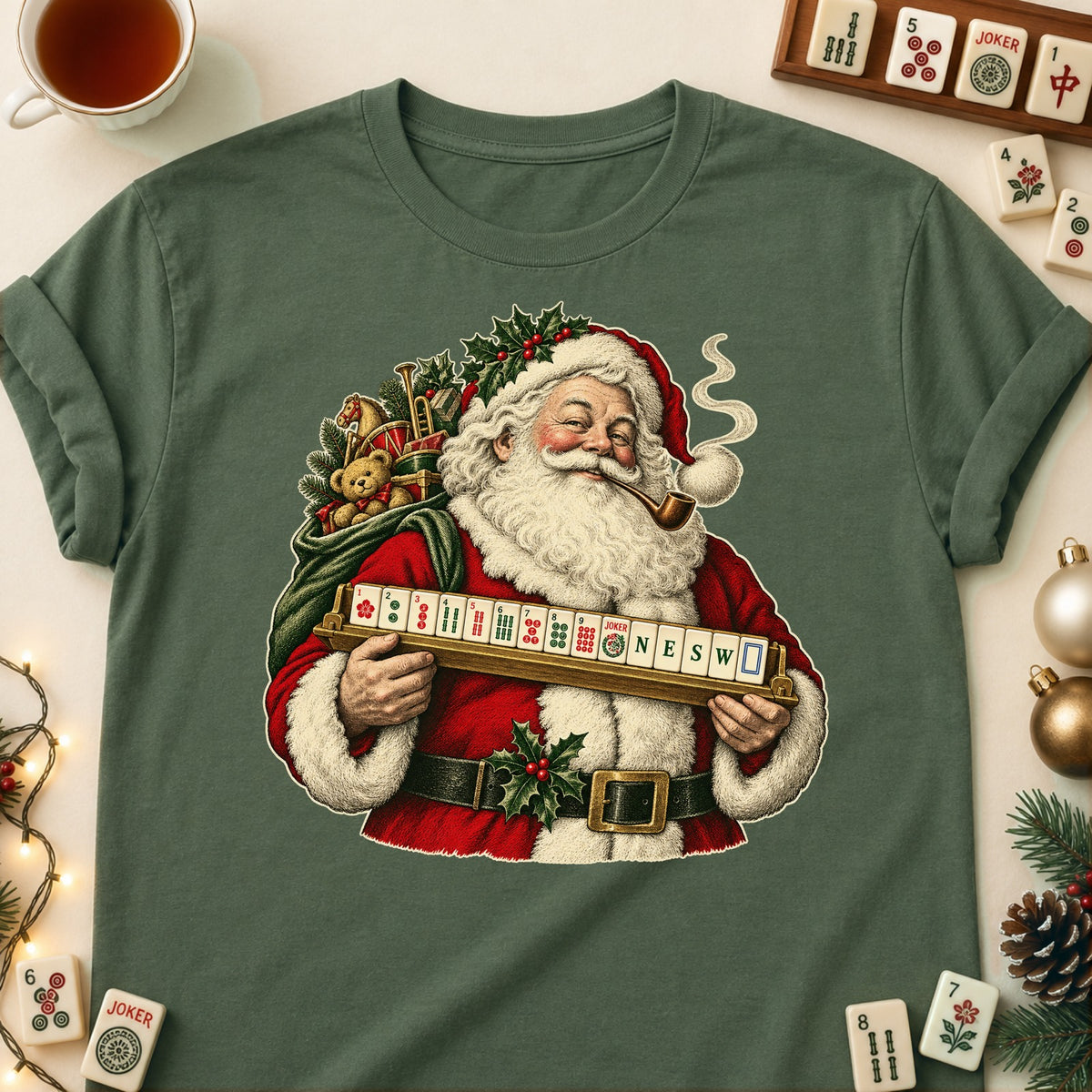Merry Old Santa mahjong T-shirt in Military Green, laid flat. [bb c=military-green r=flat]