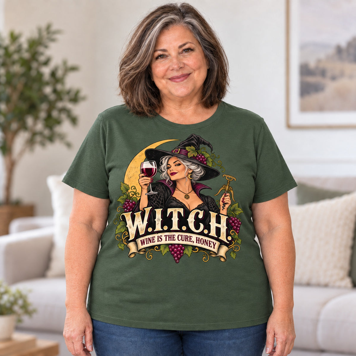 W.I.T.C.H. T-shirt in Military Green, worn by Linda. Linda is 5′4″ and wears her usual size 2XL. [bb c=military-green r=body2]