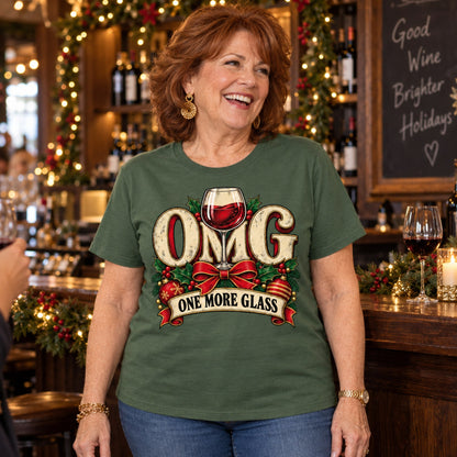 OMG One More Glass T-shirt in Military Green, worn by Brenda. Brenda is 5′4″ and wears her usual size 2XL. [bb c=military-green r=body2]