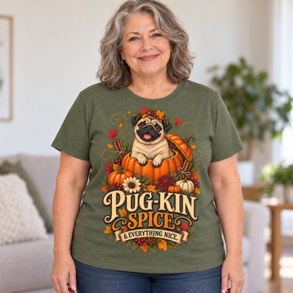 Pug-Kin Spice T-shirt in Military Green, worn by Donna. Donna is 5′3″ and wears her usual size 2XL. [bb c=military-green r=body2]