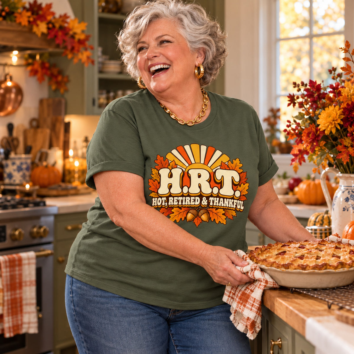 H.R.T. Hot, Retired & Thankful T-shirt in Military Green, worn by Rhonda. Rhonda is 5′4″ and wears her usual size 2XL. [bb c=military-green r=body2]