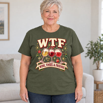 WTF Wine, Tinsel & Friends T-shirt in Military Green, worn by Cindy. Cindy is 5′5″ and wears her usual size 2XL. [bb c=military-green r=body2]