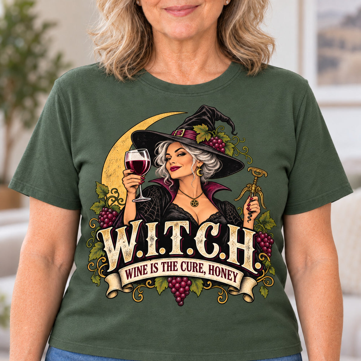 W.I.T.C.H. T-shirt in Military Green, close-up of the print, worn by Diane. Diane is 5′5″ and wears her usual size L. [bb c=military-green r=close]