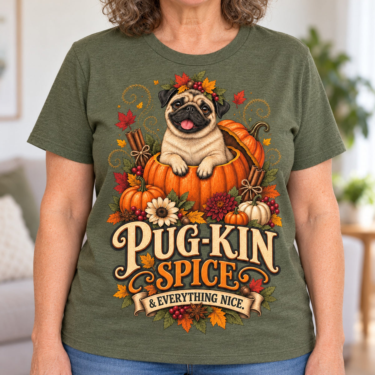 Pug-Kin Spice T-shirt in Military Green, close-up of the print, worn by Janet. Janet is 5′6″ and wears her usual size L. [bb c=military-green r=close]