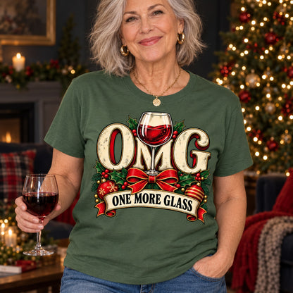 OMG One More Glass T-shirt in Military Green, close-up of the print, worn by Karen. Karen is 5′5″ and wears her usual size L. [bb c=military-green r=close]