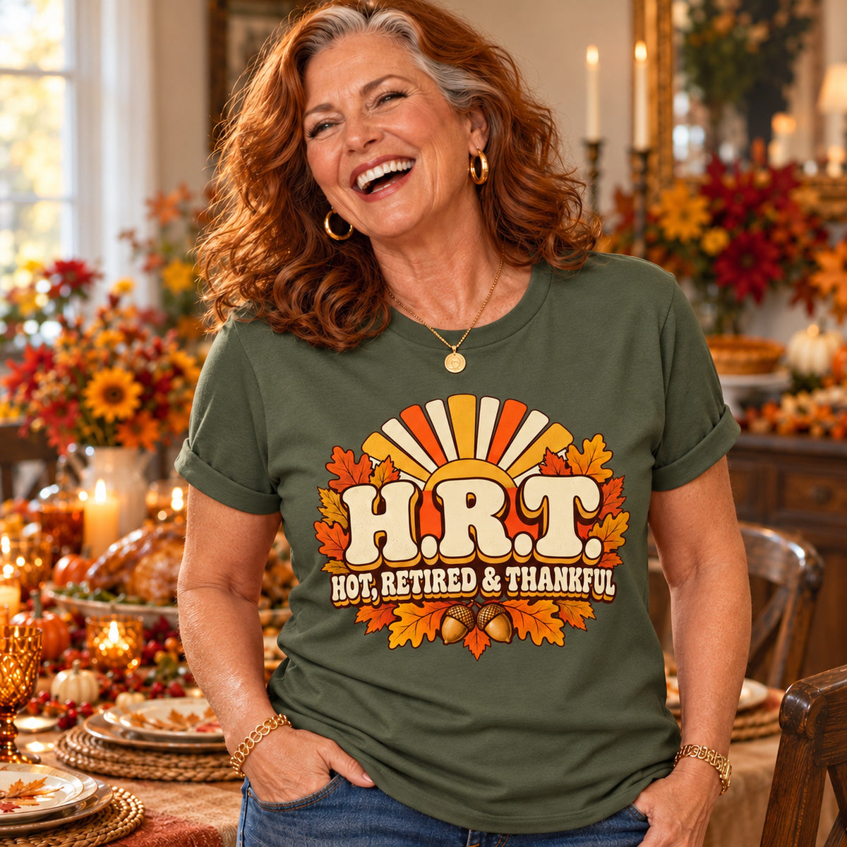 H.R.T. Hot, Retired & Thankful T-shirt in Military Green, close-up of the print, worn by Patricia. Patricia is 5′5″ and wears her usual size L. [bb c=military-green r=close]