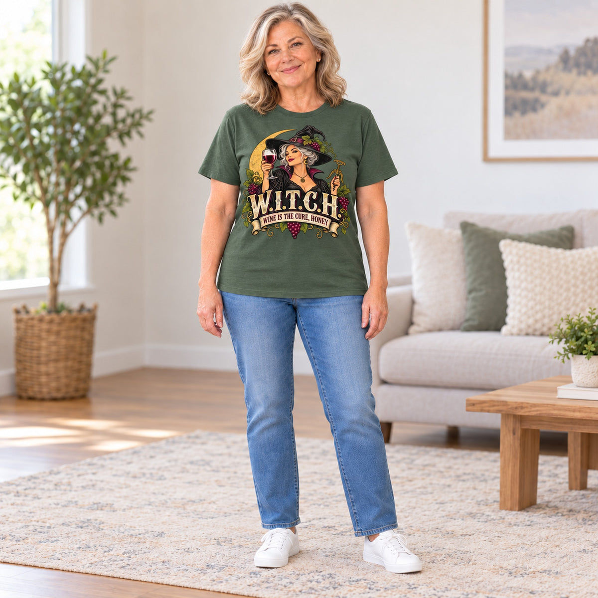 W.I.T.C.H. T-shirt in Military Green, full length, worn by Diane. Diane is 5′5″ and wears her usual size L. [bb c=military-green r=fit]
