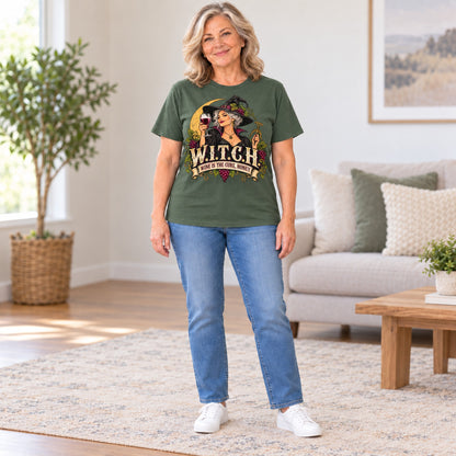 W.I.T.C.H. T-shirt in Military Green, full length, worn by Diane. Diane is 5′5″ and wears her usual size L. [bb c=military-green r=fit]
