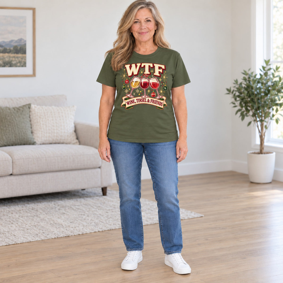 WTF Wine, Tinsel & Friends T-shirt in Military Green, full length, worn by Debbie. Debbie is 5′4″ and wears her usual size L. [bb c=military-green r=fit]