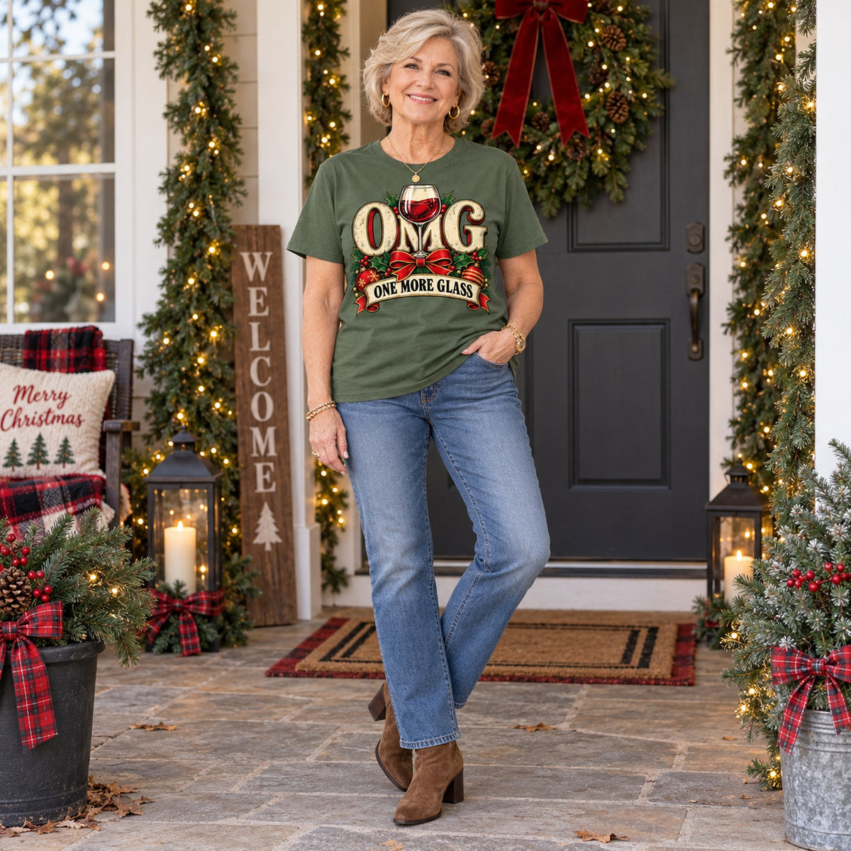 OMG One More Glass T-shirt in Military Green, full length, worn by Karen. Karen is 5′5″ and wears her usual size L. [bb c=military-green r=fit]