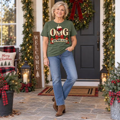 OMG One More Glass T-shirt in Military Green, full length, worn by Karen. Karen is 5′5″ and wears her usual size L. [bb c=military-green r=fit]