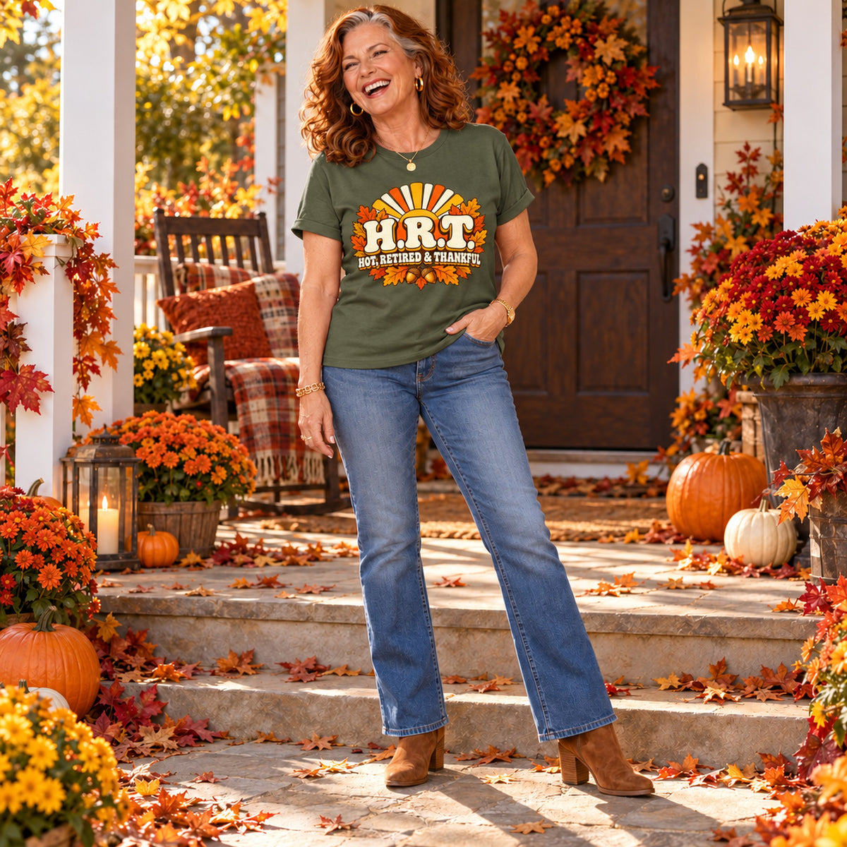 H.R.T. Hot, Retired & Thankful T-shirt in Military Green, full length, worn by Patricia. Patricia is 5′5″ and wears her usual size L. [bb c=military-green r=fit]