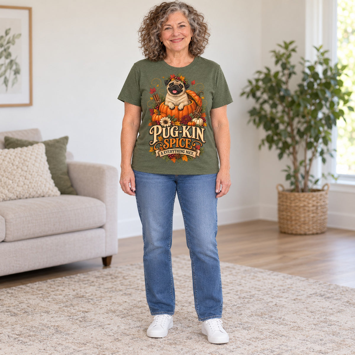 Pug-Kin Spice T-shirt in Military Green, full length, worn by Janet. Janet is 5′6″ and wears her usual size L. [bb c=military-green r=fit]