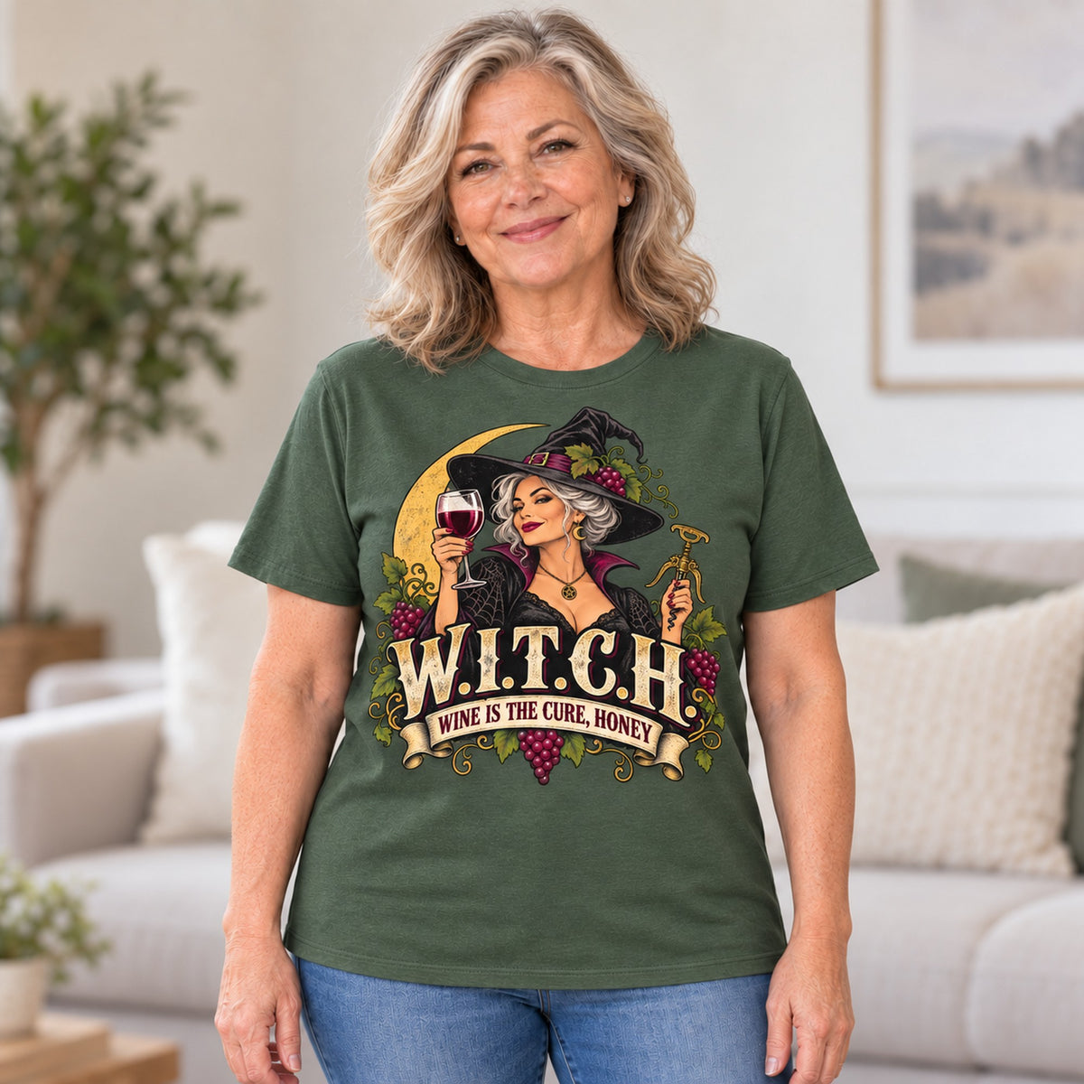 W.I.T.C.H. T-shirt in Military Green, worn by Diane. Diane is 5′5″ and wears her usual size L. [bb c=military-green r=hero]