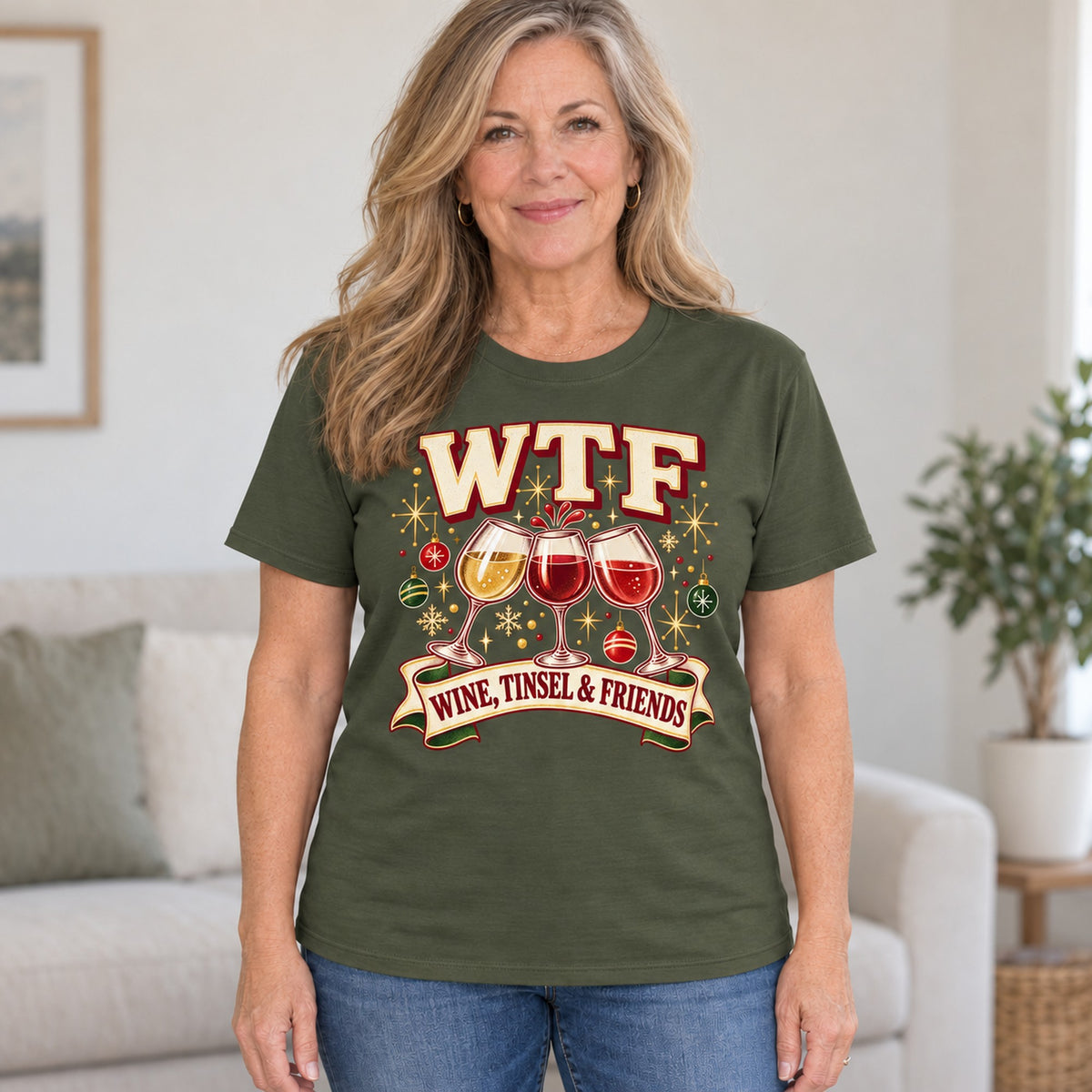 WTF Wine, Tinsel & Friends T-shirt in Military Green, worn by Debbie. Debbie is 5′4″ and wears her usual size L. [bb c=military-green r=hero]