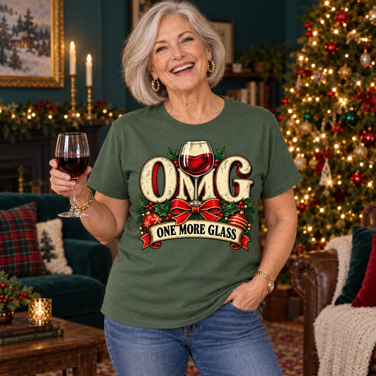 OMG One More Glass T-shirt in Military Green, worn by Karen. Karen is 5′5″ and wears her usual size L. [bb c=military-green r=hero]