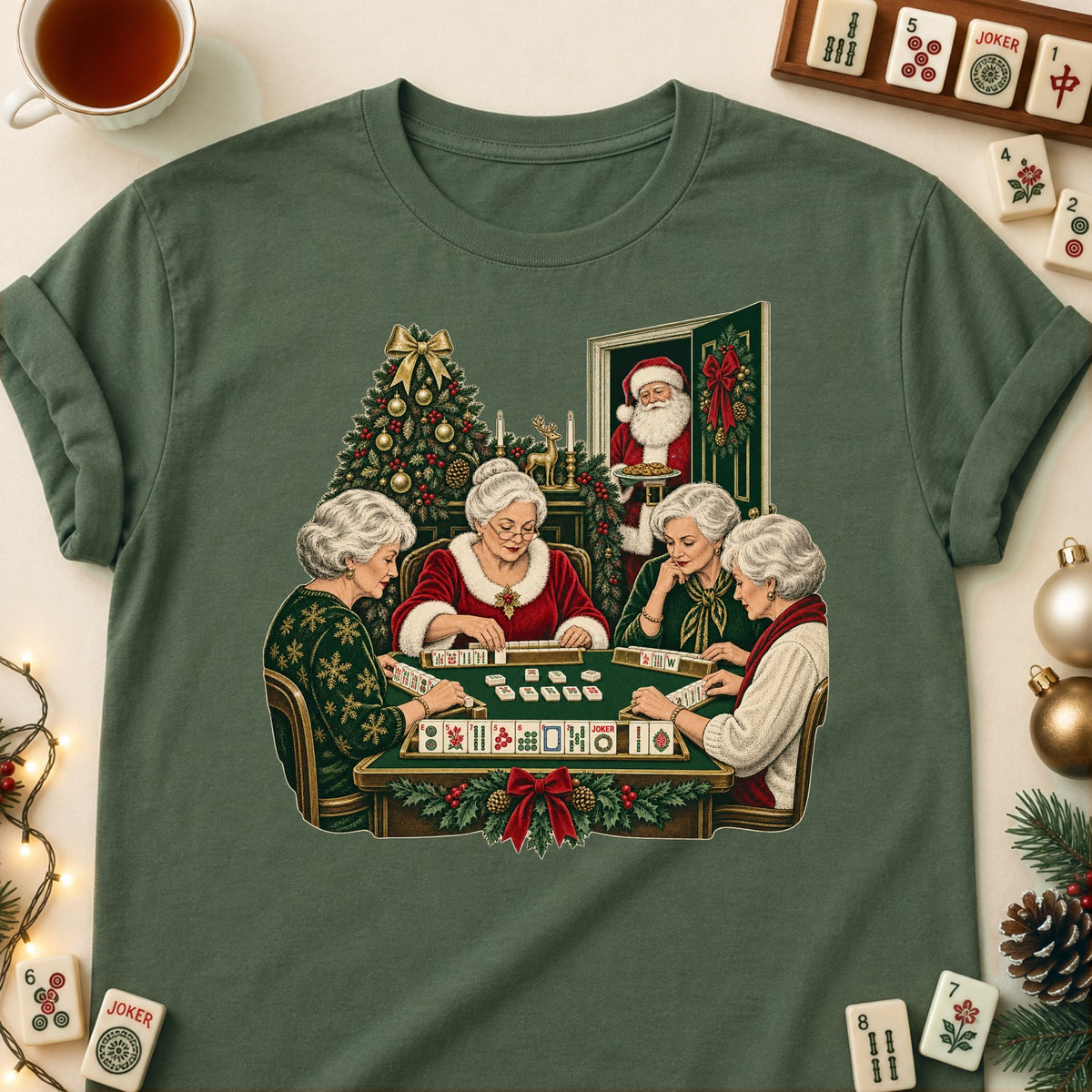 Mrs. Claus mahjong T-shirt in Military Green, laid flat. [bb c=military-green r=flat]