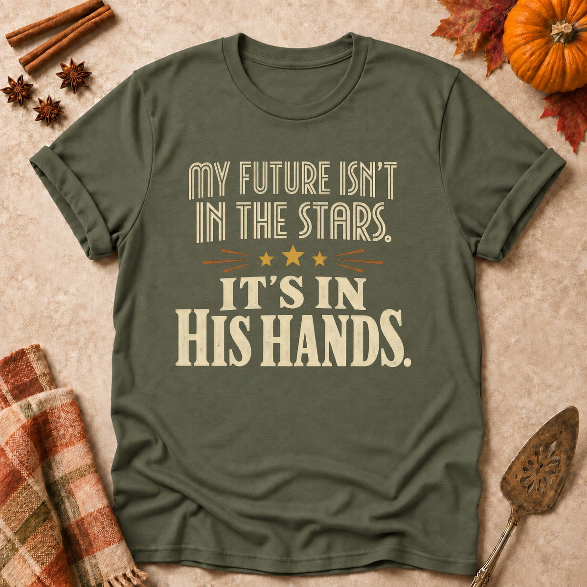 It's In His Hands faith T-shirt in Military Green, laid flat. [bb c=military-green r=flat]