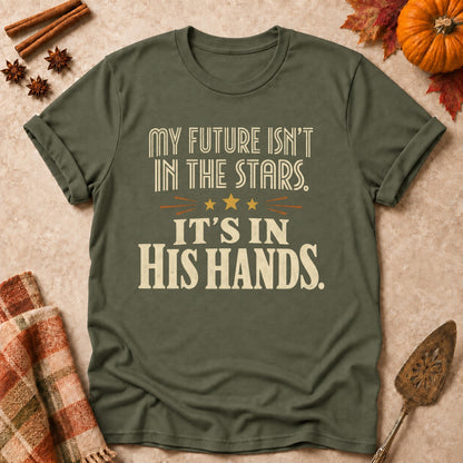 It's In His Hands faith T-shirt in Military Green, laid flat. [bb c=military-green r=flat]