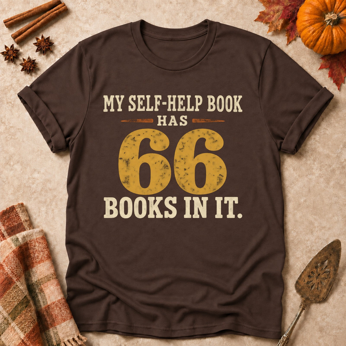 66 Books faith T-shirt in Dark Chocolate, laid flat. [bb c=dark-chocolate r=flat]