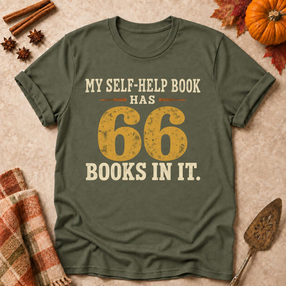 66 Books faith T-shirt in Military Green, laid flat. [bb c=military-green r=flat]