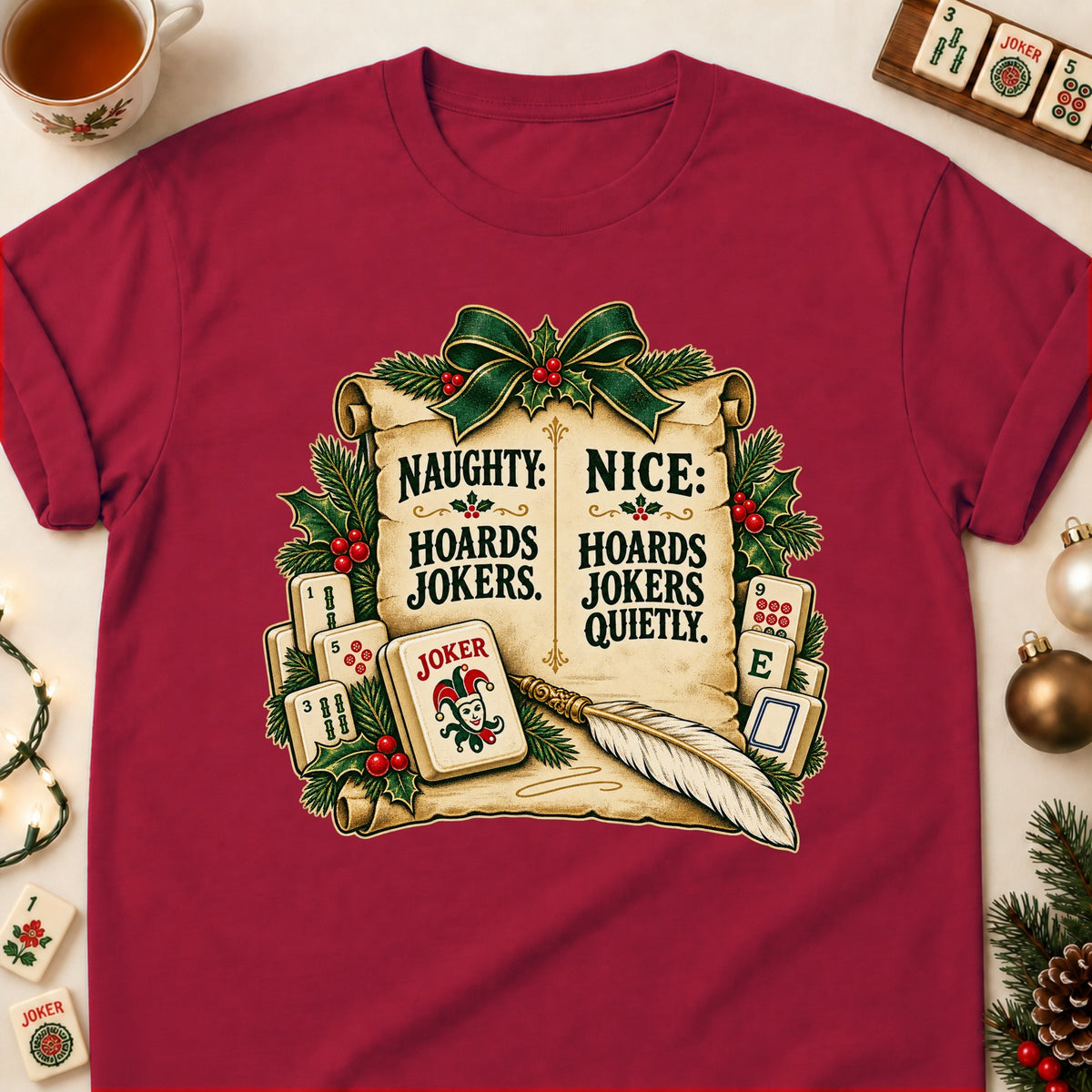 Naughty Or Nice mahjong T-shirt in Cardinal Red, laid flat. [bb c=cardinal-red r=flat]