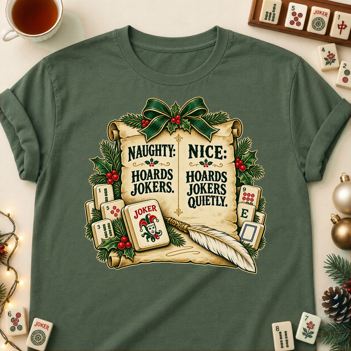 Naughty Or Nice mahjong T-shirt in Military Green, laid flat. [bb c=military-green r=flat]