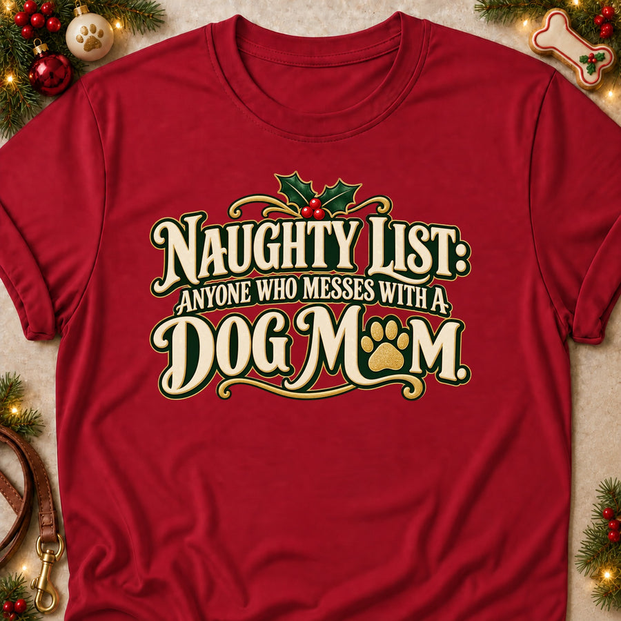 Naughty List: Anyone Who Messes With A Dog Mom. Colored Print T-Shirt