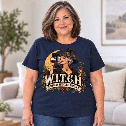 W.I.T.C.H. T-shirt in Navy, worn by Linda. Linda is 5′4″ and wears her usual size 2XL. [bb c=navy r=body2]