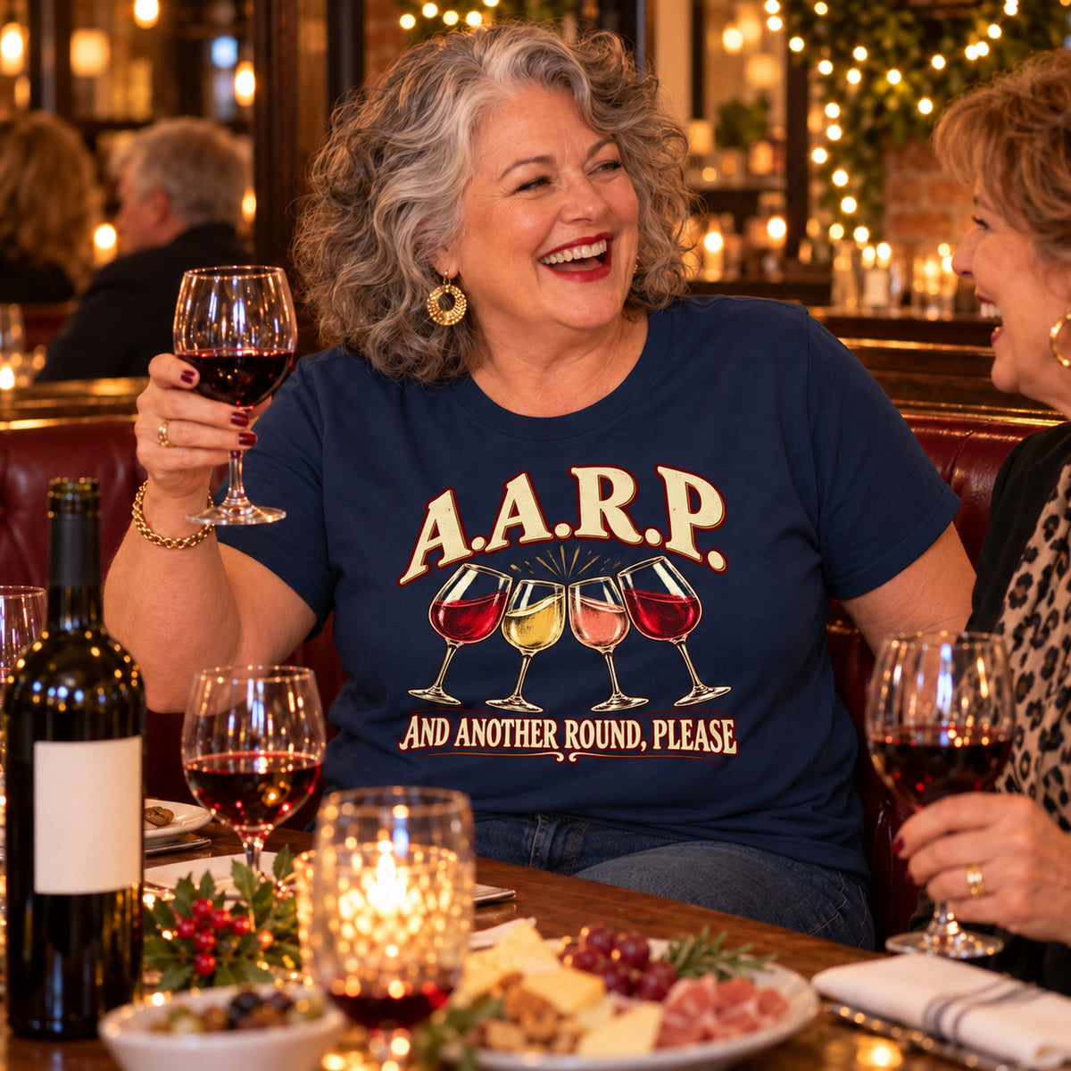A.A.R.P. And Another Round, Please T-shirt in Navy, worn by Deborah. Deborah is 5′4″ and wears her usual size 2XL. [bb c=navy r=body2]