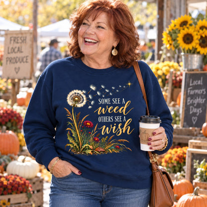 Some See A Weed sweatshirt in Navy, worn by Terri. Terri is 5′6″ and wears her usual size 2XL. [bb c=navy r=body2]
