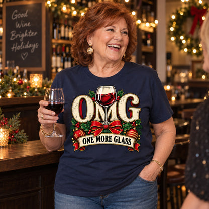 OMG One More Glass T-shirt in Navy, worn by Brenda. Brenda is 5′4″ and wears her usual size 2XL. [bb c=navy r=body2]