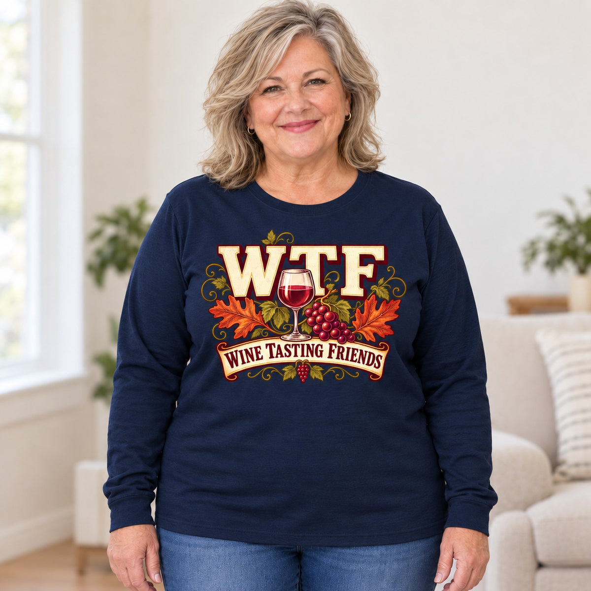 WTF Wine Tasting Friends long sleeve in Navy, worn by Joyce. Joyce is 5′4″ and wears her usual size 2XL. [bb c=navy r=body2]