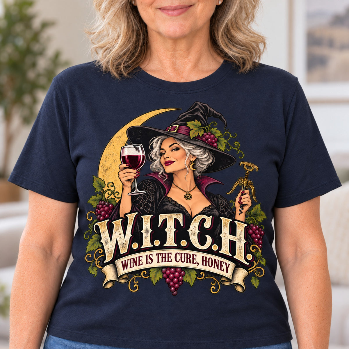 W.I.T.C.H. T-shirt in Navy, close-up of the print, worn by Diane. Diane is 5′5″ and wears her usual size L. [bb c=navy r=close]