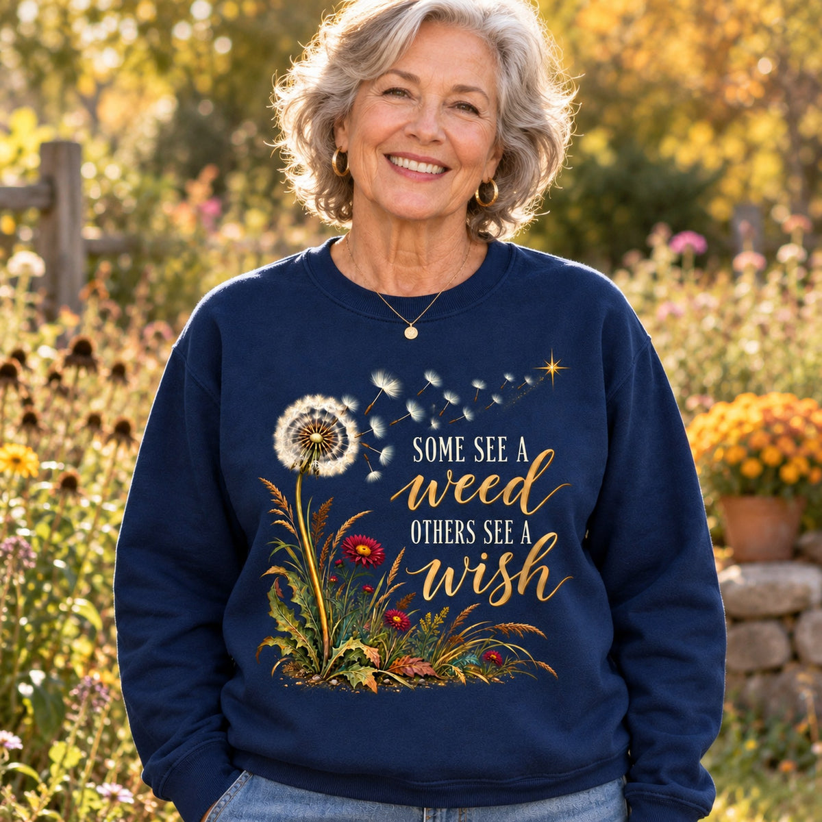Some See A Weed sweatshirt in Navy, close-up of the print, worn by Joan. Joan is 5′4″ and wears her usual size L. [bb c=navy r=close]
