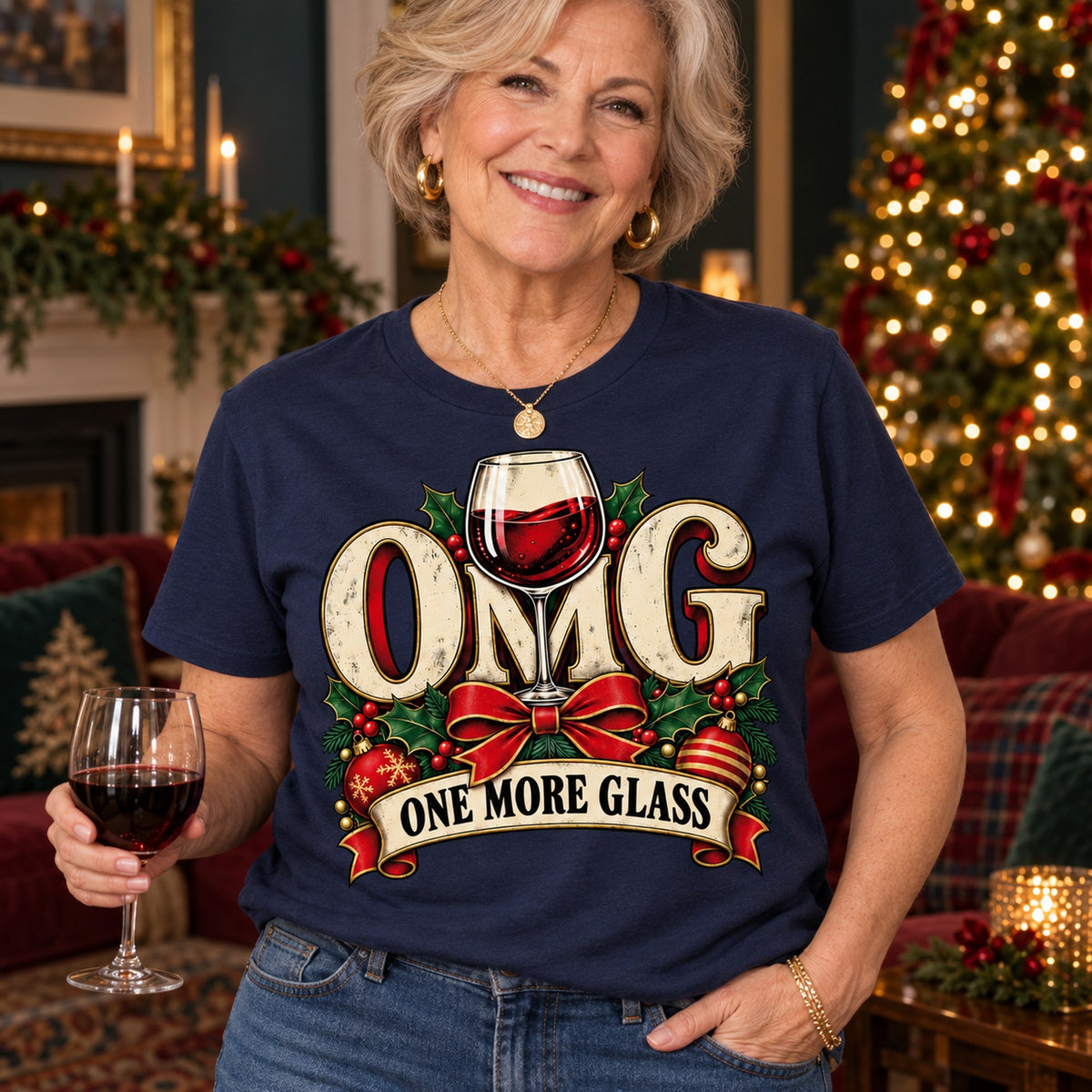 OMG One More Glass T-shirt in Navy, close-up of the print, worn by Karen. Karen is 5′5″ and wears her usual size L. [bb c=navy r=close]