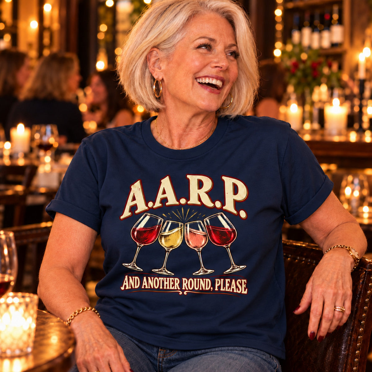 A.A.R.P. And Another Round, Please T-shirt in Navy, close-up of the print, worn by Linda. Linda is 5′5″ and wears her usual size L. [bb c=navy r=close]