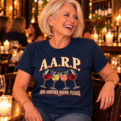 A.A.R.P. And Another Round, Please T-shirt in Navy, close-up of the print, worn by Linda. Linda is 5′5″ and wears her usual size L. [bb c=navy r=close]